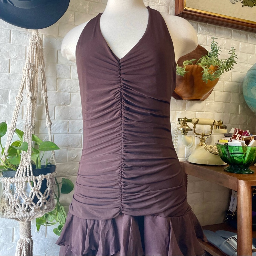 VTG Y2K BCBG MAXAZRIA Brown Ruched Halter Chiffon Ribbon Asymmetrical Dress - Picture 3 of 16